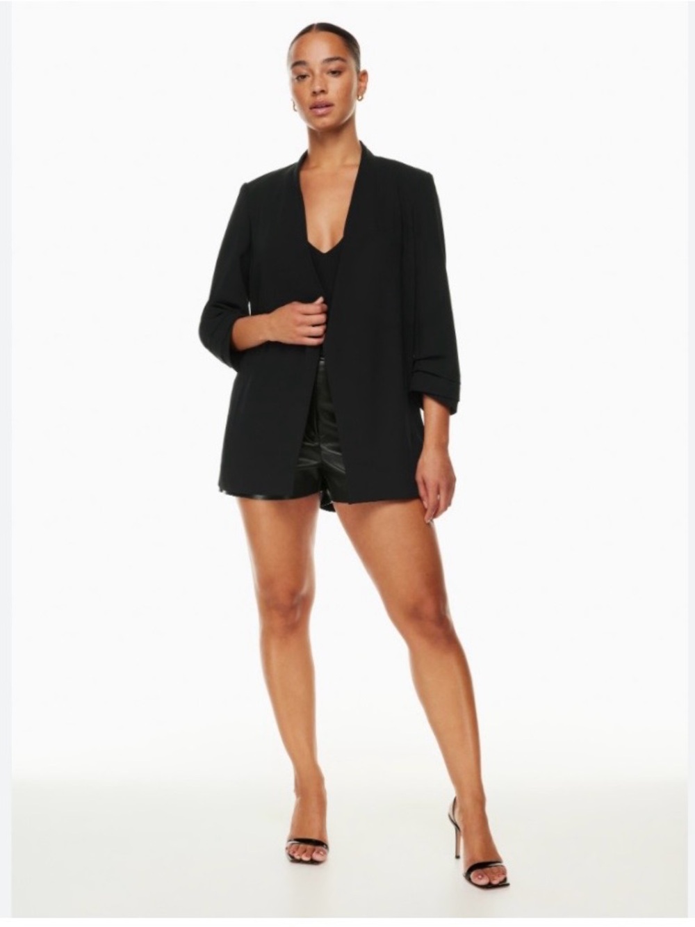 Aritzia Babaton 90s Power Hip Long Black Blazer 10 Ruched Sleeve Elevated Basic - Picture 4 of 16